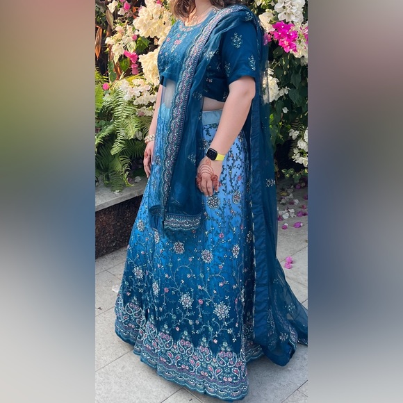Teal Net Embroidered A - Line Lehenga Choli - Picture 1 of 3